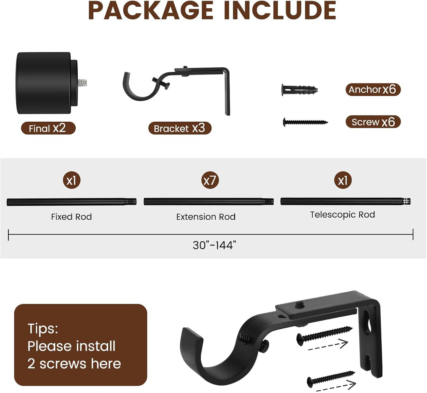 1" Matte Black Adjustable Curtain Rod (Up to 144")