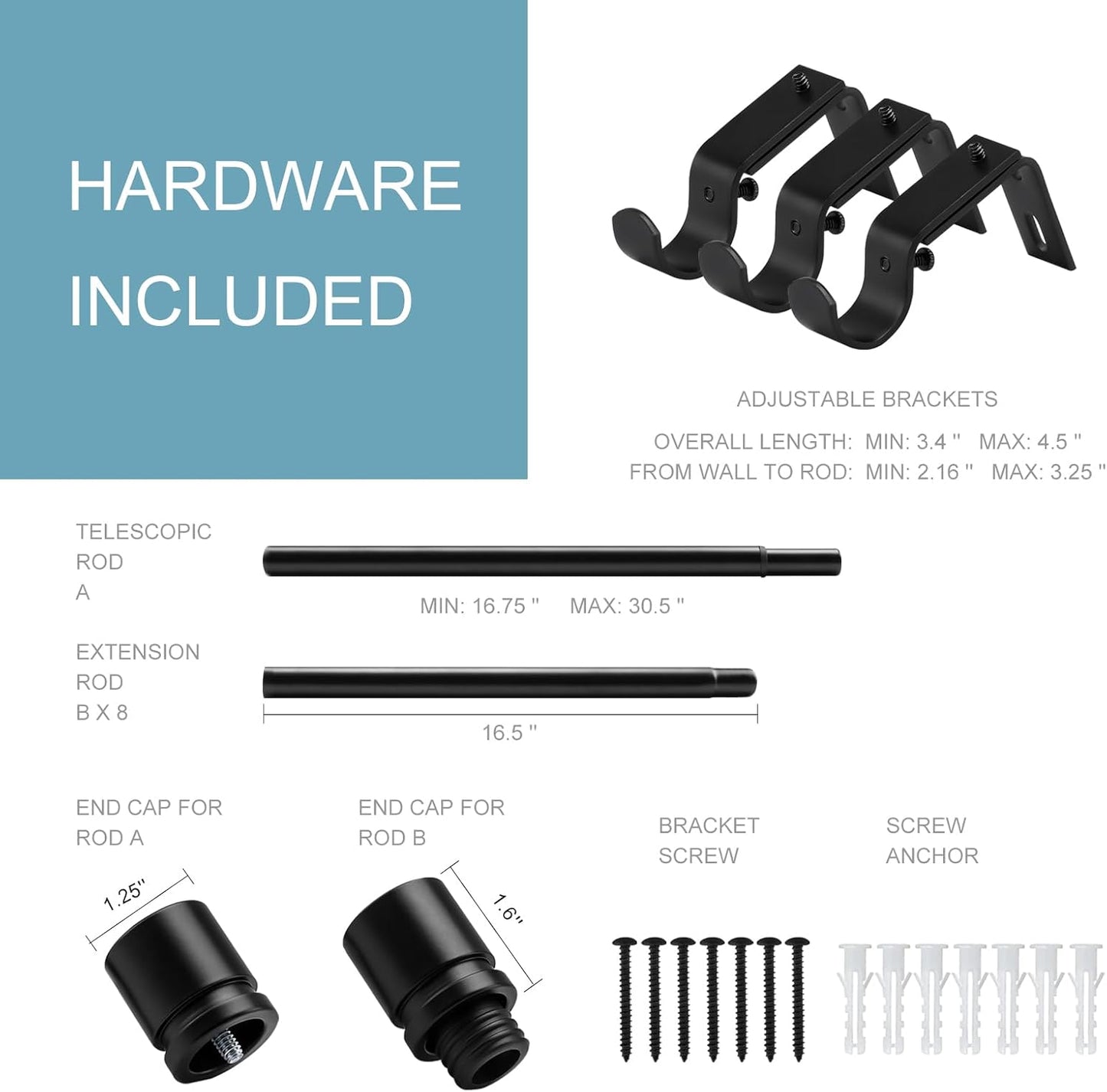 Modern Black Rod Set with Aluminum Finials