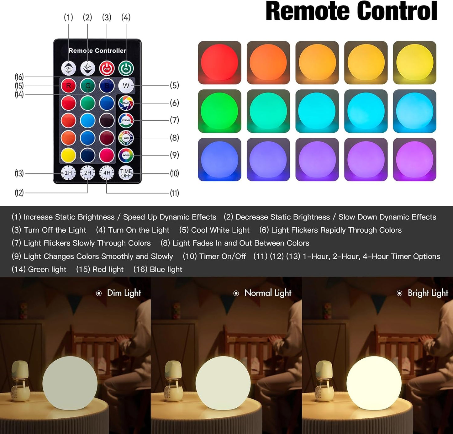 Kids Dimmable Night Light, 16 RGB Color-Changing Globe