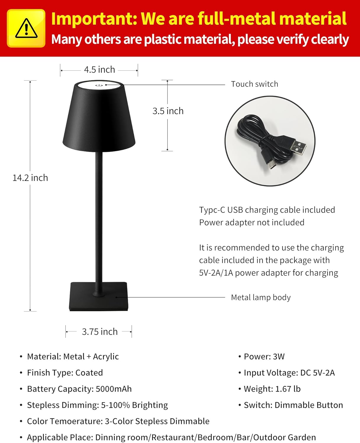 Cordless Black Table Lamp