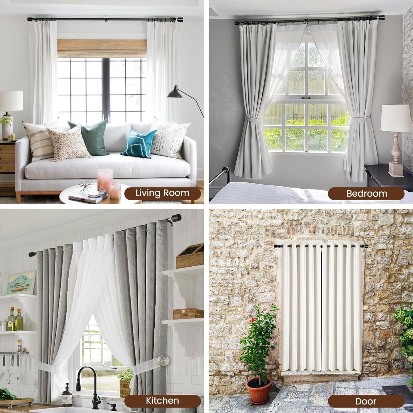 1" Matte Black Adjustable Curtain Rod (Up to 144")